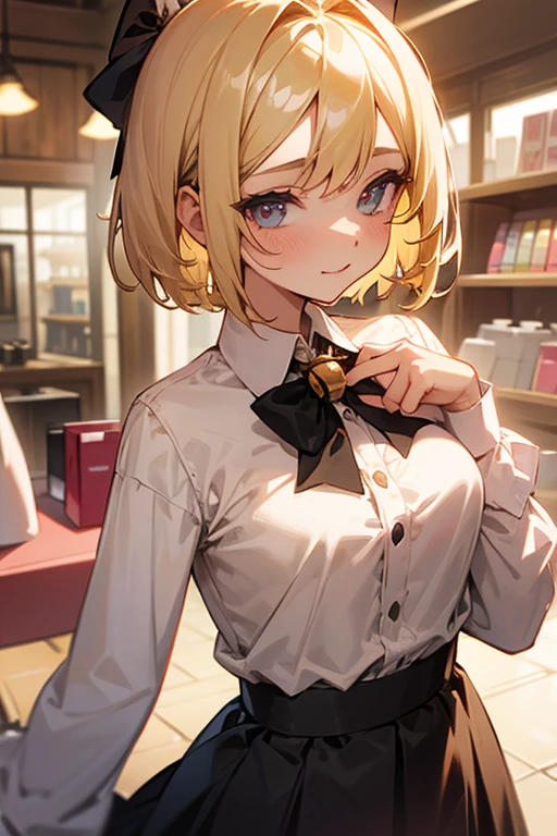 woman, Shoulder length short hair,Blonde hair,Love Face,
,chest board,
Long sleeve shirt,White shirt,Black Bow,
,Light pink bell-shaped skirt,Cosmetics shop,