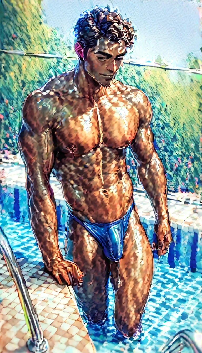 best quality, masterpiece, amazing details, (handsome dark skinned muscular young man with curly brown hair), skimpy low rise blue thong, bulge, penis outline, climbing out of hotel resort swimming pool, wet body, dripping wet, asian man with black hair in the background looking at him, perfect fingers, no watermark, no logo, no signature