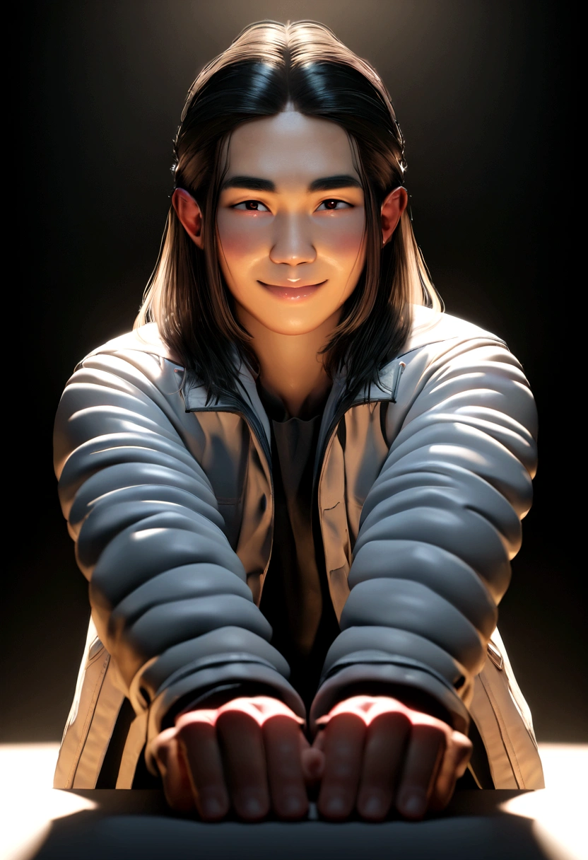 Hyperrealistic 3D Cartoon style character with big head. 27 year old Indonesian man, ideal body, black hair and white casual jacket. smiling at the camera with hands in ready position, gray background. Use soft photography lighting. Hair lighting, top lighting, side lighting, high quality photos, UHD, 16K