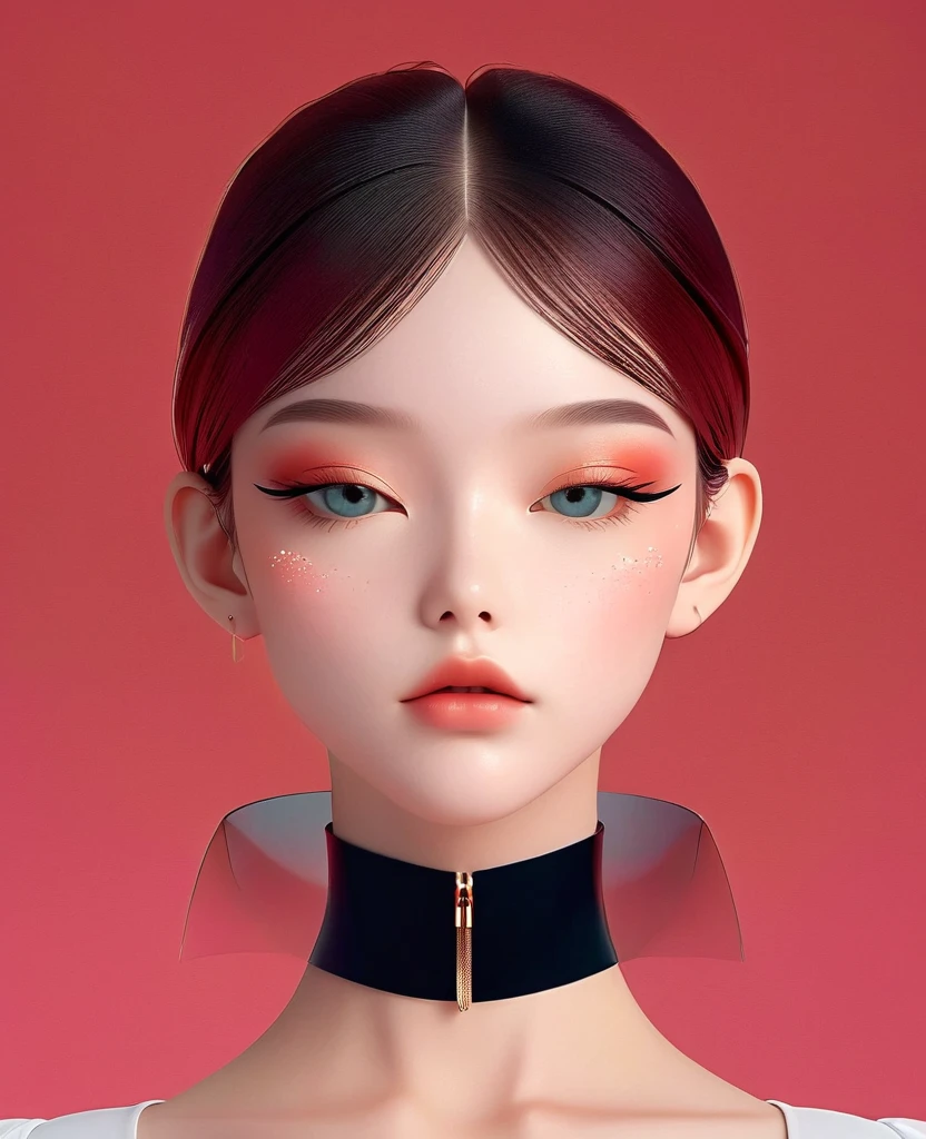 in the style of a 3D digital illustration, girl, front view, symmetric, minimalist, solid background, high resolution and ultrahigh definition, volumetric lighting. --ar 3:4 --niji 6