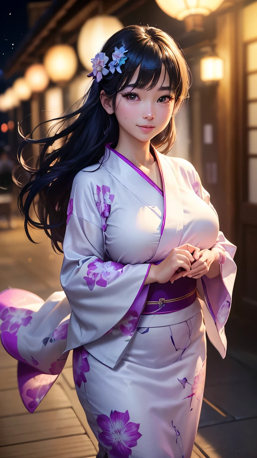 (logo、masterpiece、8K、Tabletop、RAW Photos、wonderful、最high quality、フォトリアリスティックでVery detailedな CG 複合 8K 壁紙、high quality、Very detailed、Narrative poem、Particle Effects、Dynamic Effects、Depth of the Boundary、Cinematic Light、Lens flare、Ray Tracing)、 (One beautiful woman wearing a yukata、White yukata、Light purple pattern)、Black-haired、High definition skin、Very fine、Fine skin texture、Beautiful Face、True Face、Beautiful details in the eyes、Realistic eyes、Beautifully detailed eyes、Realistic Skin、Beautiful Skin、Surreal、Smiling Eyes、Hair and light eyes、vivid、Colorful lights and bokeh、plump lower lip、Pink Lips、Hair flutters in Wind、Hair bounces、wonderful景色、night、evening、Wind、moonlight、moonlight、light
