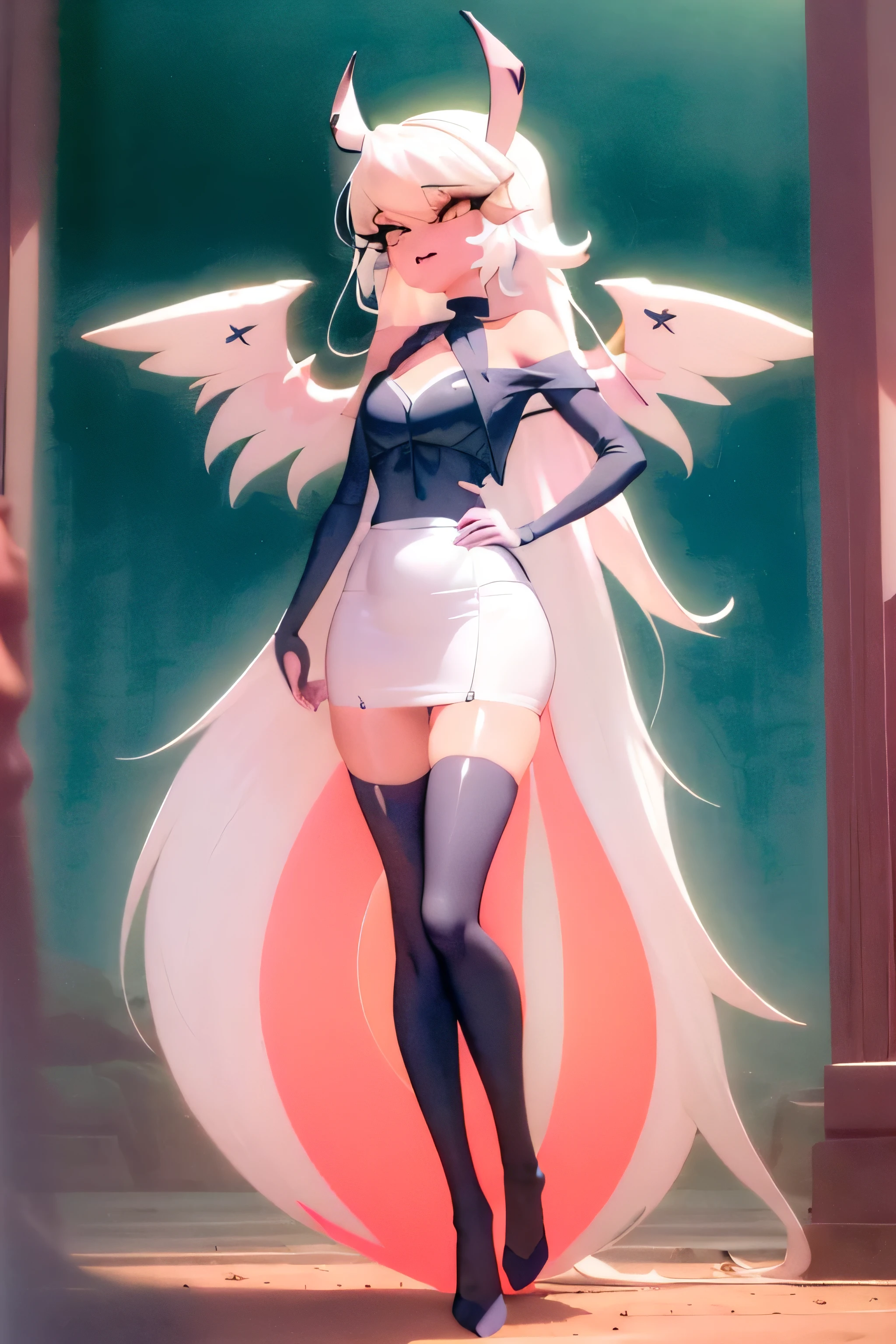 absurdres, (best quality: 1.0), (super high res: 1.0), extremely detailed character, 1girl, angel girl, ((large angel wings)),  ((eyes on wings)), ((black wings)), ((multiple large wings)), (angel wings on head), (((eyes on hair))), extremely long hair, ((white hair)), ((platinum blonde colored inner hair)), extremely detailed eyes, grey eyes, ((full body)), ((colorful pastel clothes)), colorful, ((pastel color skirt, pastel color shirt)), soft pastel colors, ((mini skirt)), ((zettai ryouiki)), ((thigh gap)), small breasts, standing, medieval, RPG, pearls, petals, hypnotizing, dark colors, fighting pose, combat, confident, smiling 