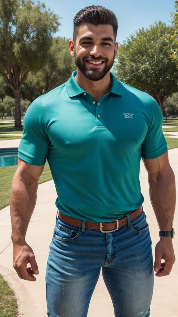 Handsome arabe muscular man beard, strong and muscular legs, big lump, artwork, sonriendo, super sexy in caqui jeans and  white polo shirt with blackstripes 8k ultra realistic masterpiece great detail next to a font super muscular , sexy , en el parque, 40 años de edad , de perfil , con los brazos arriba 