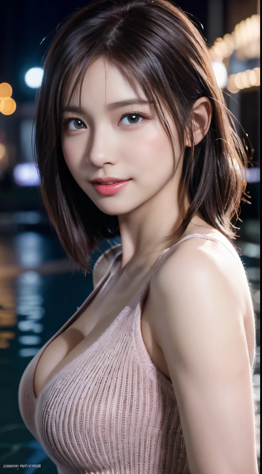 (logo, masterpiece, 8K, Tabletop, RAW Photos, wonderful, 最high quality, Photorealistic and very detailed CG composite 8k wallpaper, high quality, Very detailed, Narrative poem, Particle Effects, Dynamic Effects, Depth of the Boundary, Cinematic Light, Lens flare, Ray Tracing), short hair beautiful young woman, Hair tied back, high detail skin, very fine, fine skin texture, beautiful face, realistic eyes, beautifully detailed eyes, realistic skin, beautiful skin, surreal, smiling eyes, Hair and light eyes, Vibrant, Colorful lights and bokeh. The lighting casts a warm glow on her face and hair, Blue glow, Water surface reflection, Creates a dreamy and magical atmosphere, ???????????, Brown Hair, short hair, plump lower lip, pink blush on the cheeks , pink lips, brown tight no-shoulder knit sweater