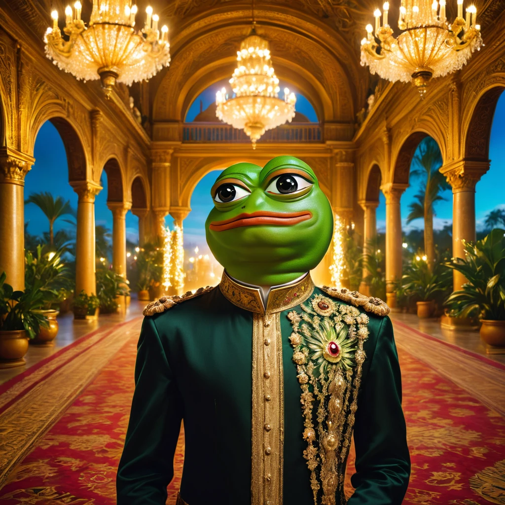 a lush tropical paradise, ornate golden palace, lavish party with wealthy guests, (pepe_frog:2.2), 1 boy, detailed face, piercing eyes, beautiful lips, intricate clothing, opulent jewelry, grand architecture, vibrant colors, dramatic lighting, (best quality,4k,8k,highres,masterpiece:1.2),ultra-detailed,(realistic,photorealistic,photo-realistic:1.37),cinematic composition,dramatic lighting,vibrant colors