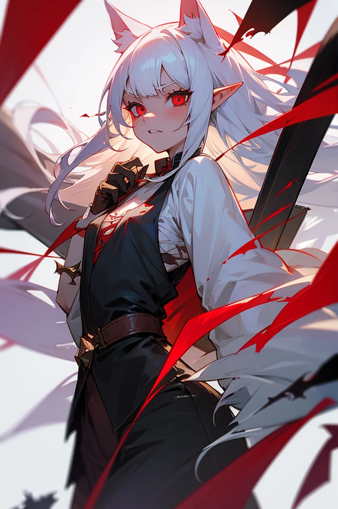 A girl, solo, masterpiece, best quality, gray hair, gray hair, gray hair, red eyes, blackening, darkness, sickle, shadow, villain, sneer, look down, black shadow, sticky black liquid, gloomy, black belly, composure