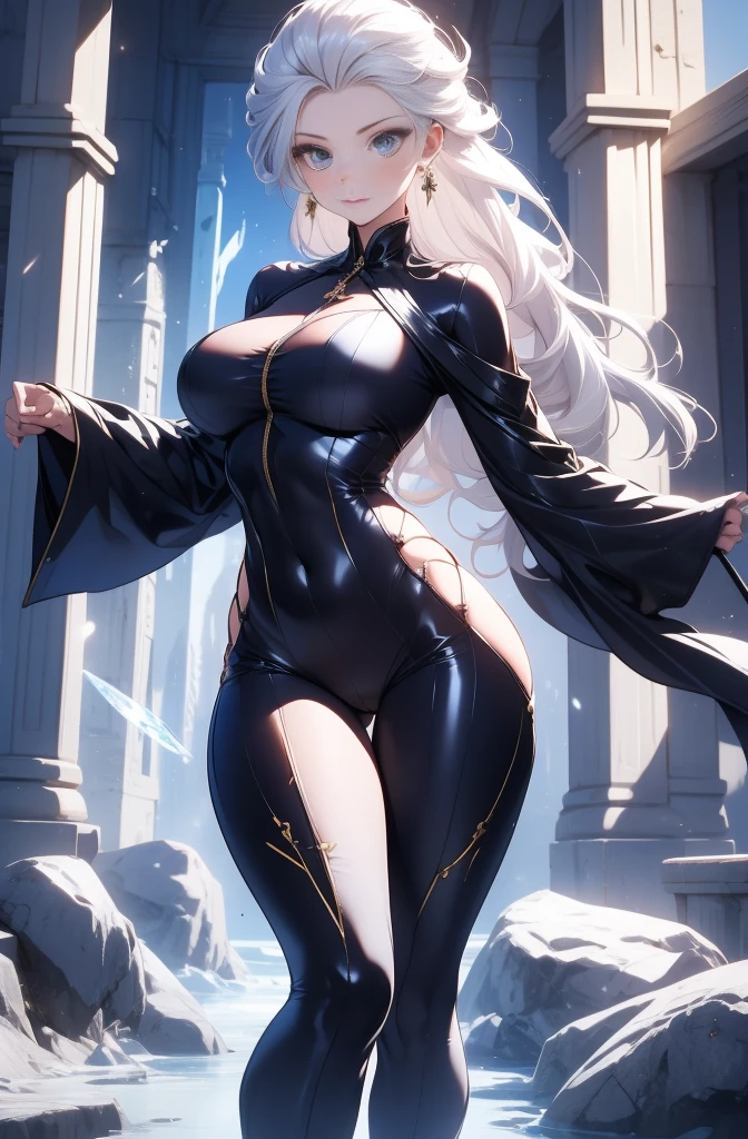 female, solo, young, sexy body, voluptuous figure, tightsuit, white hair, decolored blonde hair, ice effects around, ice queen, beautifull face, long hair, defined body, yellow and bright eyes, thick legs, strong legs, tall, Voluptuous legs, huge ass, big hip, big ass, female sorcerer, blue and black robes,