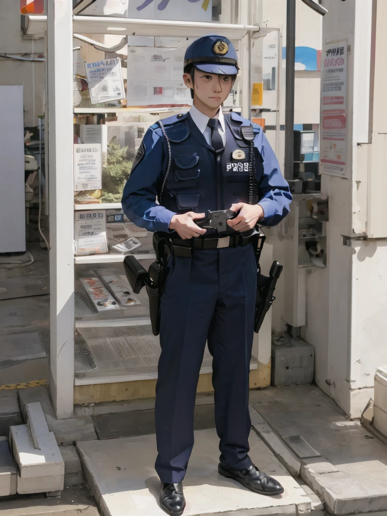 1 person, Are standing,  whole body,street, jp-police,Police uniform, figure,