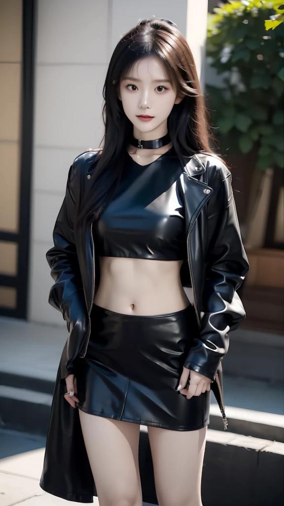 Japanese girl wears a black leather jacket, has long black hair, wears a black crop top, wears a short black skirt, wears sandals, shows off her sexy stomach, wears a black leather choker necklace, photo in the city (masterpiece) 8k full resolution