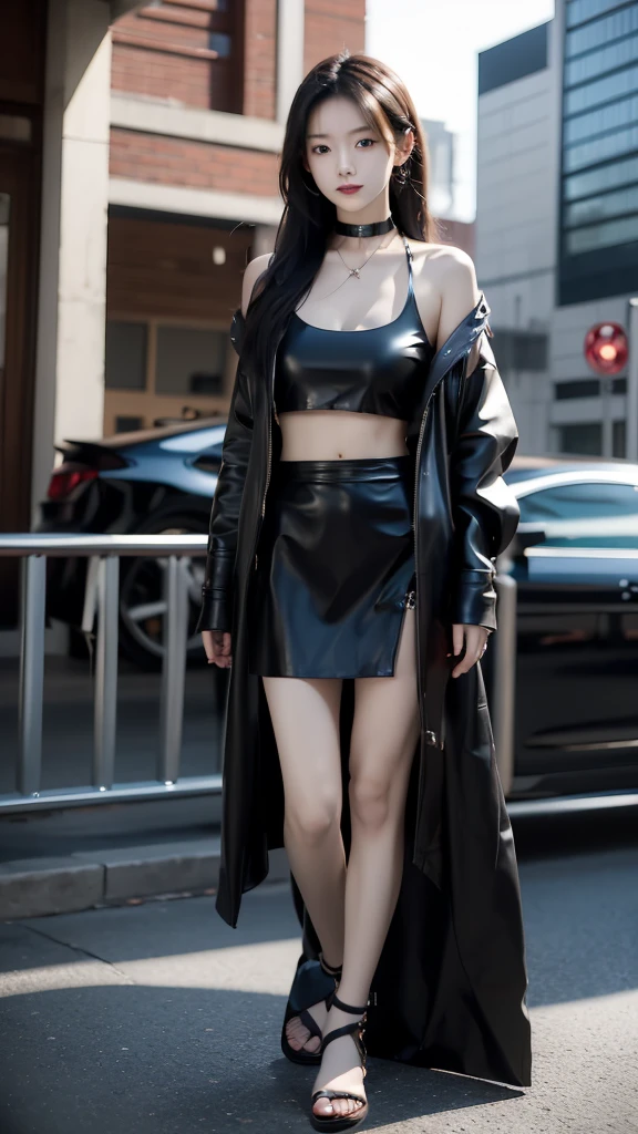 Japanese girl wears a black leather jacket, has long black hair, wears a black crop top, wears a short black skirt, wears sandals, shows off her sexy stomach, wears a black leather choker necklace, photo in the city (masterpiece) 8k full resolution