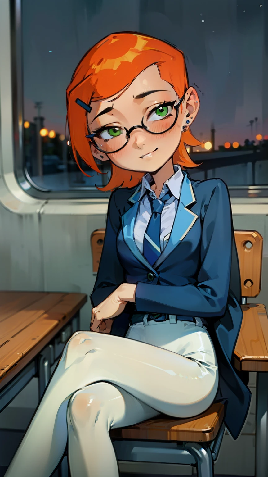 (Masterpiece), Best Quality, ultra-detailed, 1girl (Gwendolyn_Tennyson, Slender and sexy body, lovely small breasts, orange hair, long wave hair, green eyes, half-closed eyes, spectacles), a come-hither face, smirk , parted lips, nose blush, blush, facing viewer, looking at viewer, solo, business suits, dark blue jacket, white y-shirts(buttons), necktie, tight skirt(dark blue skirt), black pantyhose, in the classroom, night time, , sitting, sitting on desk, crossed legs, come-on, lure,, Sexy waist teasing, ,