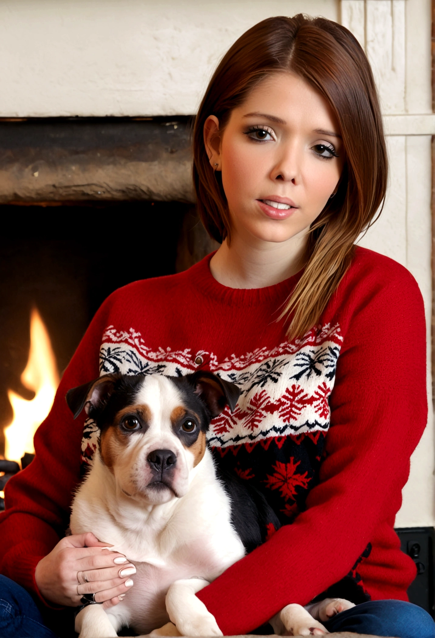 a beautiful young woman (Kate Mara, age 25), wearing an oversized frumpy sweater, her intimate areas partially exposed, sitting cross-legged by an old-fashioned fireplace with a roaring fire, playing with and petting a cute puppy, Christmas scene
(best quality, 4k, 8k, highres, masterpiece:1.2), ultra-detailed, (realistic, photorealistic, photo-realistic:1.37), HDR, UHD, studio lighting, ultra-fine painting, sharp focus, physically-based rendering, extreme detail description, professional, vivid colors, bokeh, portrait, figurative, intimate, sensual, cozy, Christmas, warm lighting, chiaroscuro