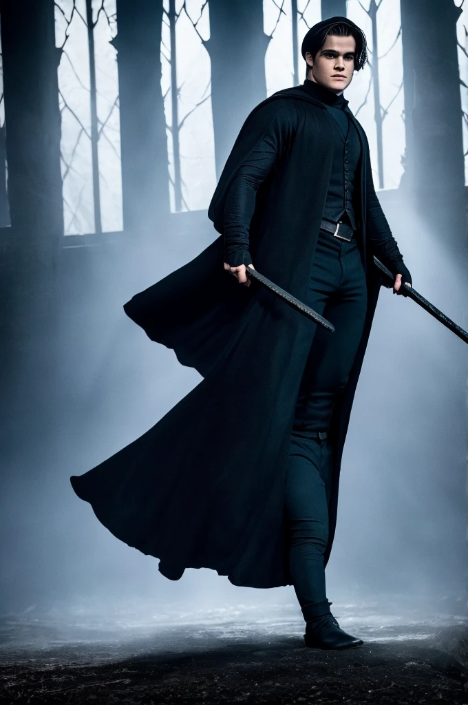 a man like kj apa from riverdale, wearing a black cloak like in harry potter in a library set in dark fantasy with a dark atmosphere
