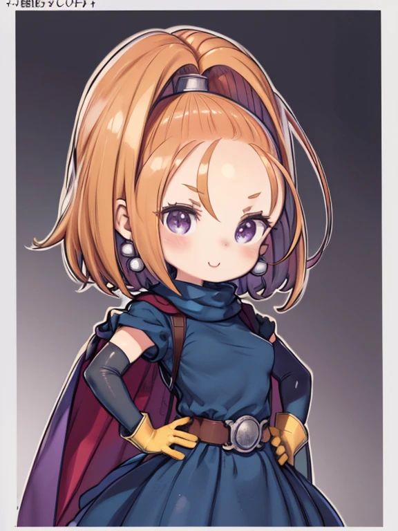 Front view、One Girl、Simple Background、(Chibi Character、Nendoroid、Big Head、Big eyes、4 heads)、 dq6barbara, smile, View your viewers, Hands on hips, High Ponytail, dress, Cape, Yellow gloves, belt, jewelry, Earrings