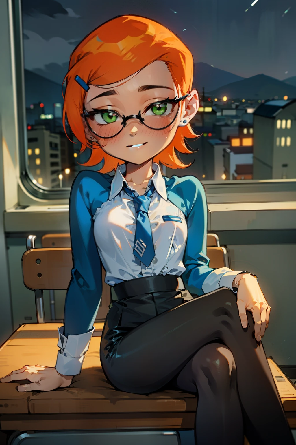(Masterpiece), Best Quality, ultra-detailed, 1girl (Gwendolyn_Tennyson, Slender and sexy body, lovely small breasts, orange hair, long wave hair, green eyes, half-closed eyes, spectacles), a come-hither face, smirk , parted lips, nose blush, blush, facing viewer, looking at viewer, solo, business suits, dark blue jacket, white y-shirts(buttons), necktie, tight skirt(dark blue skirt), black pantyhose, in the classroom, night time, , sitting, sitting on desk, crossed legs, come-on, lure,, Sexy waist teasing, ,