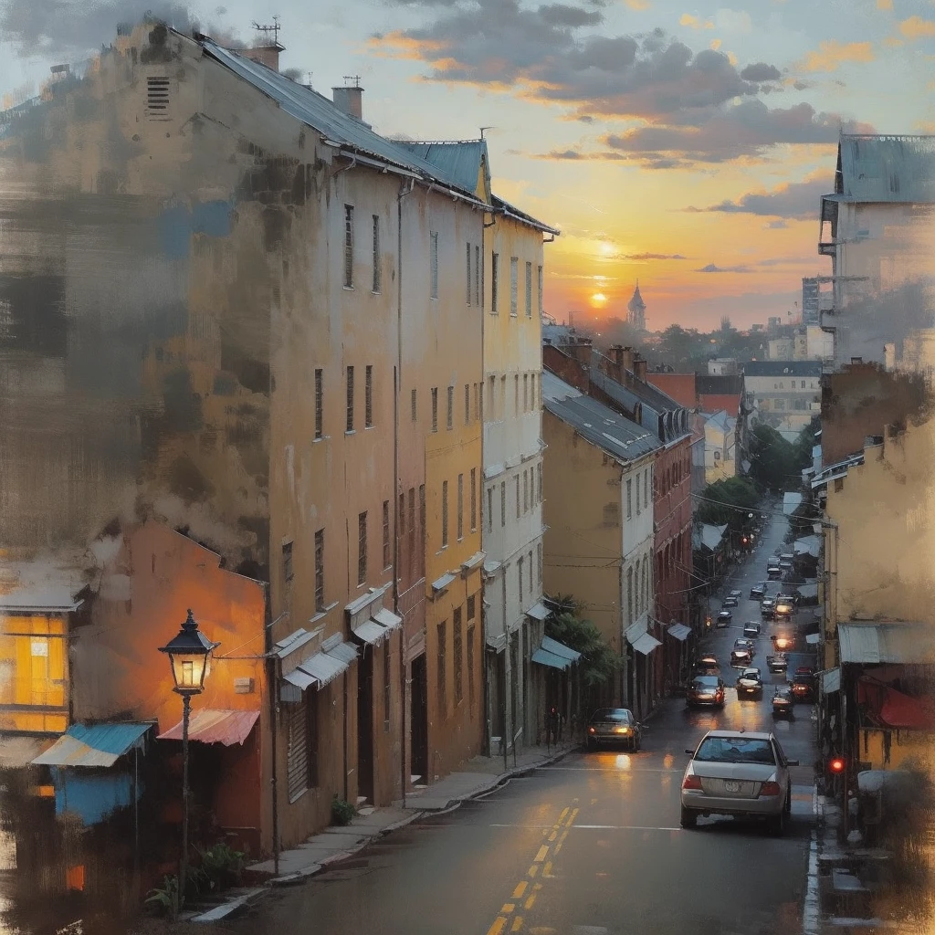 Cityscape Print , stree and old Colonial building, road lamp, cars, sunset, vicheals. Oil Painting