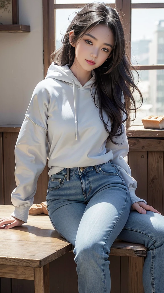 (8K, RAW photos, best quality, masterpiece:1.2), (realistic, photo-realistic:1.3)、((1 woman)), 20 year old Japanese woman with a beautiful face.、hair is gray、Eye color is dark blue, smile, high definition face, Curly short hair, (((sit on the bakery table chair)), (((He is wearing a large sweatshirt and white skinny jeans.))), glowing skin, photometry, (((slim body))), Vivid colors, various postures,