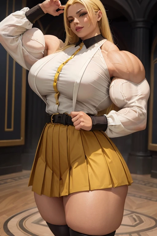 ((((Massive tall, beautiful, buff, light brown skinned muscular woman with yellow hair, black lipstick, ginormous bulky muscles and wearing a yellow long sleeve pleated shirt with beautiful long pleated skirt)))), (close view), (massive muscles), long flowing hair, ((chained belt)), gray eyes, choker, ((yellow long sleeve pleated shirt and tie)), neck tie, ((beautiful long pleated skirt)), belt, thigh high socks, black boots, (in Hogwarts), closed smile, night, massive muscles