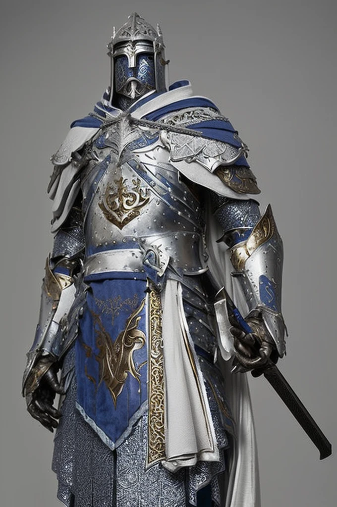 a closeup of a statue of a knight with a sword, ice blue and silver armor, detailed white armor, ornate white and gold armor, Intricate white and gold armor., paladin armor, male paladin, detailed fantasy armor, Heavy white and gold armor, a human male paladin, Detailed armor with white scarf., pale blue armor, cleric