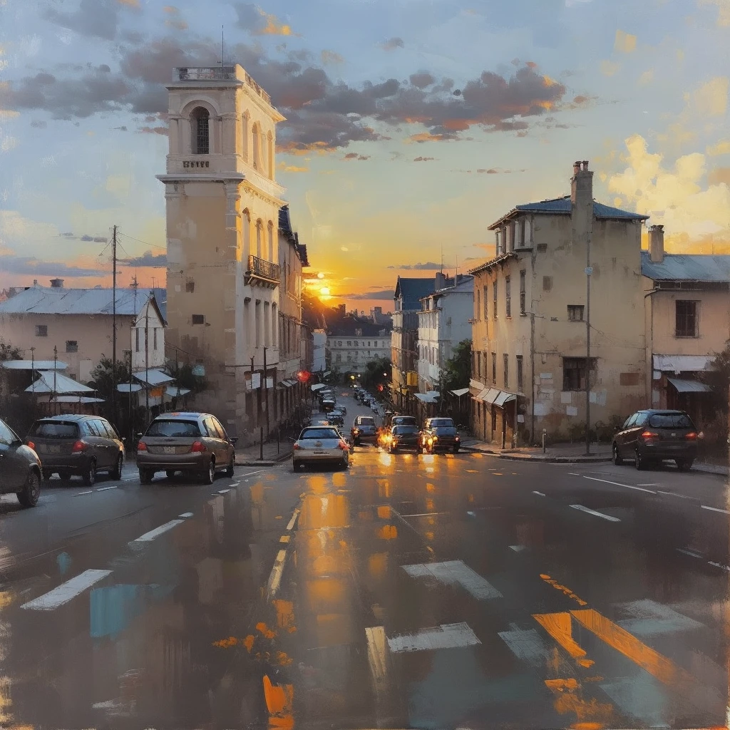Cityscape Print , stree and old Colonial building, road lamp, cars, sunset, vicheals. Oil Painting