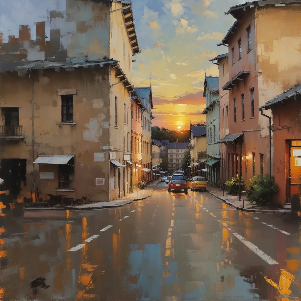 Cityscape Print , stree and old Colonial building, road lamp, cars, sunset, vicheals. Oil Painting