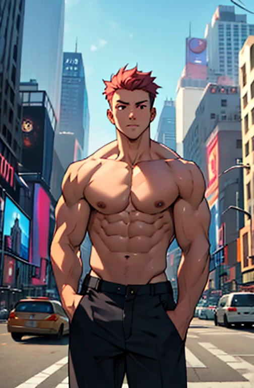 highest quality, 8K, image high resolution, Detailed strokes, in the middle of a busy Times Square-style avenue, looking at camera, teenager, shirtless, ripped, confident, defined legs, defined arms, defined abdomen,