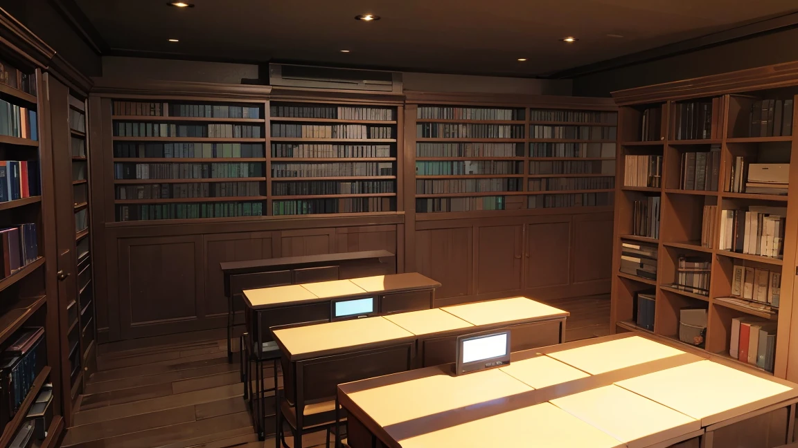 A narrow and dark study、A wall completely covered with bookshelves、desk with a computer、No people