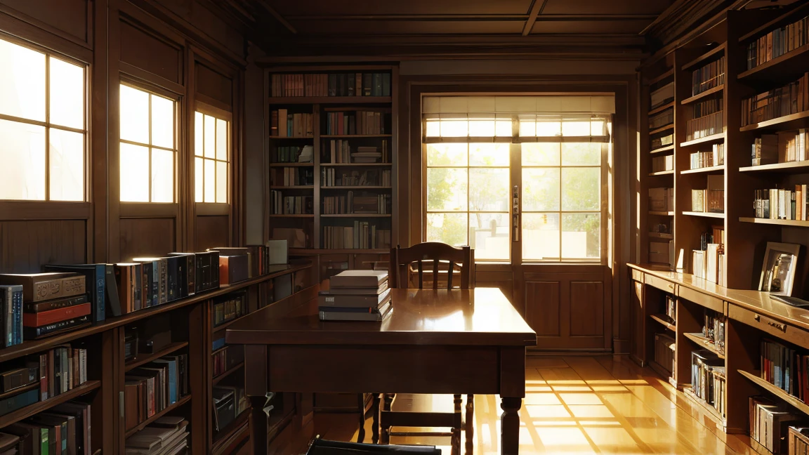A narrow and dark study、A wall completely covered with bookshelves、desk with a computer、No people
