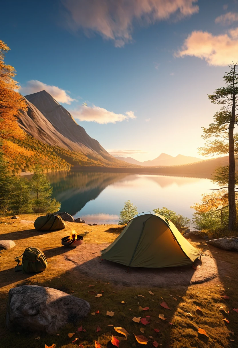 A serene outdoor camping scene, minimalist journey, detailed landscape, dramatic sky, golden hour lighting, detailed tent, campfire, hiking backpack, mountain silhouettes, tranquil lake, fallen leaves, cinematic composition, vivid colors, (best quality,4k,8k,highres,masterpiece:1.2),ultra-detailed,(realistic,photorealistic,photo-realistic:1.37)
