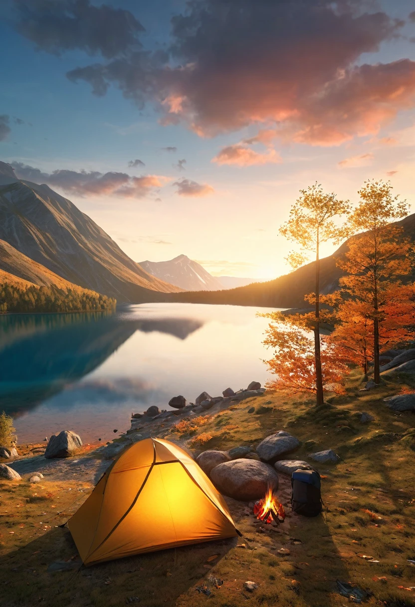 A serene outdoor camping scene, minimalist journey, detailed landscape, dramatic sky, golden hour lighting, detailed tent, campfire, hiking backpack, mountain silhouettes, tranquil lake, fallen leaves, cinematic composition, vivid colors, (best quality,4k,8k,highres,masterpiece:1.2),ultra-detailed,(realistic,photorealistic,photo-realistic:1.37)