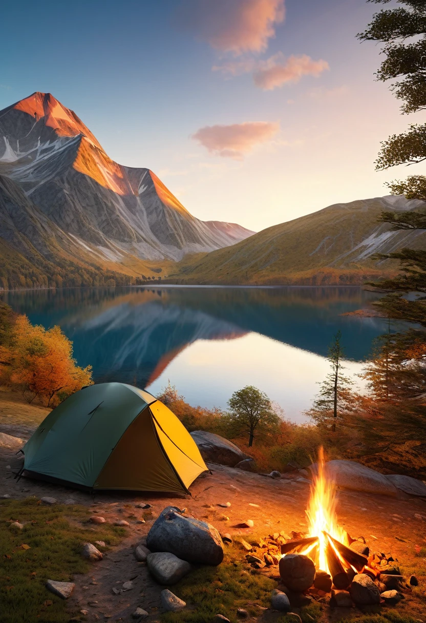 A serene outdoor camping scene, minimalist journey, detailed landscape, dramatic sky, golden hour lighting, detailed tent, campfire, hiking backpack, mountain silhouettes, tranquil lake, fallen leaves, cinematic composition, vivid colors, (best quality,4k,8k,highres,masterpiece:1.2),ultra-detailed,(realistic,photorealistic,photo-realistic:1.37)