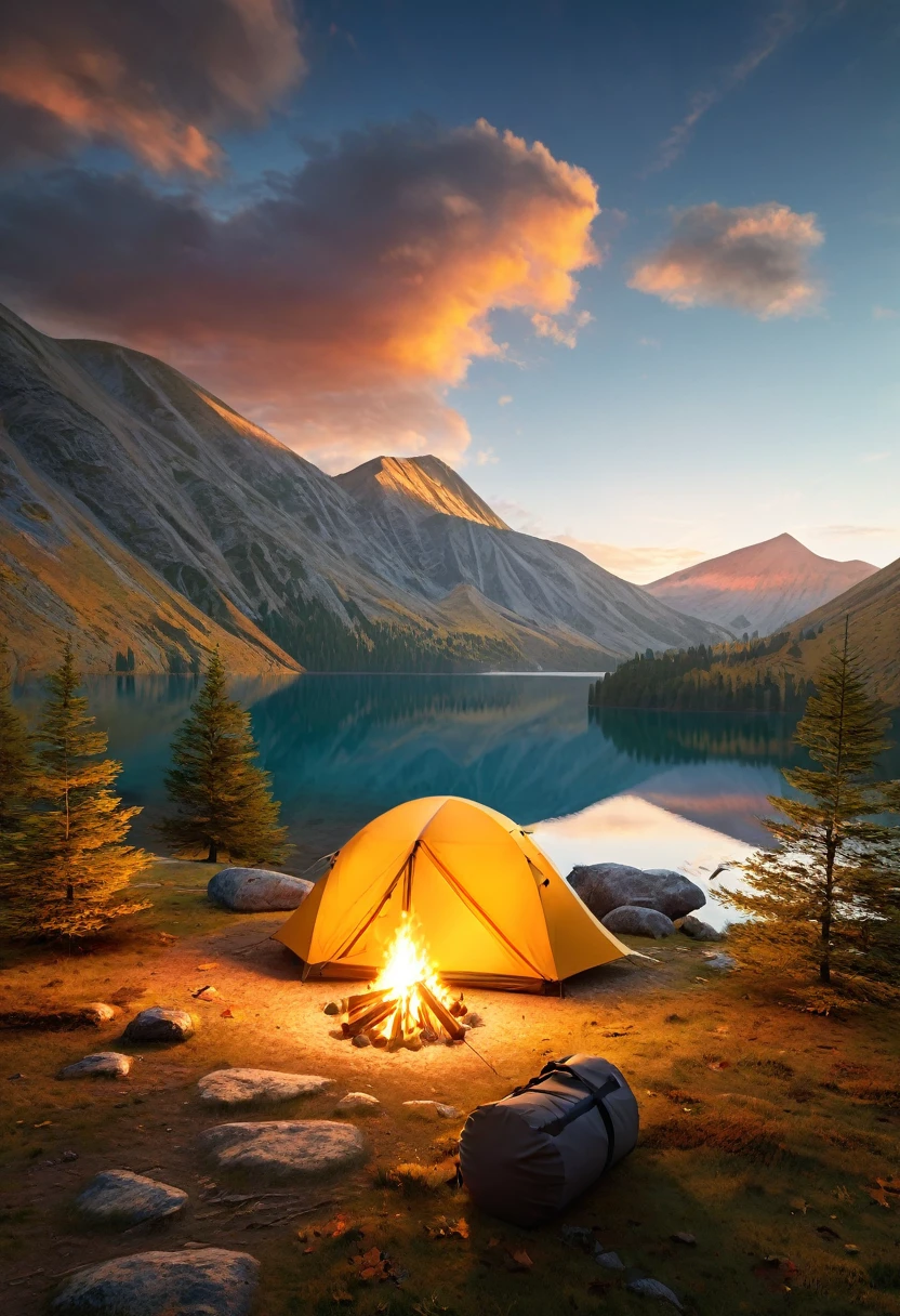 A serene outdoor camping scene, minimalist journey, detailed landscape, dramatic sky, golden hour lighting, detailed tent, campfire, hiking backpack, mountain silhouettes, tranquil lake, fallen leaves, cinematic composition, vivid colors, (best quality,4k,8k,highres,masterpiece:1.2),ultra-detailed,(realistic,photorealistic,photo-realistic:1.37)