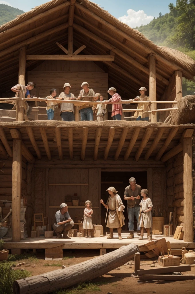 An image that depicts Noah and his family working together to build the Ark, with tools and wood around it.