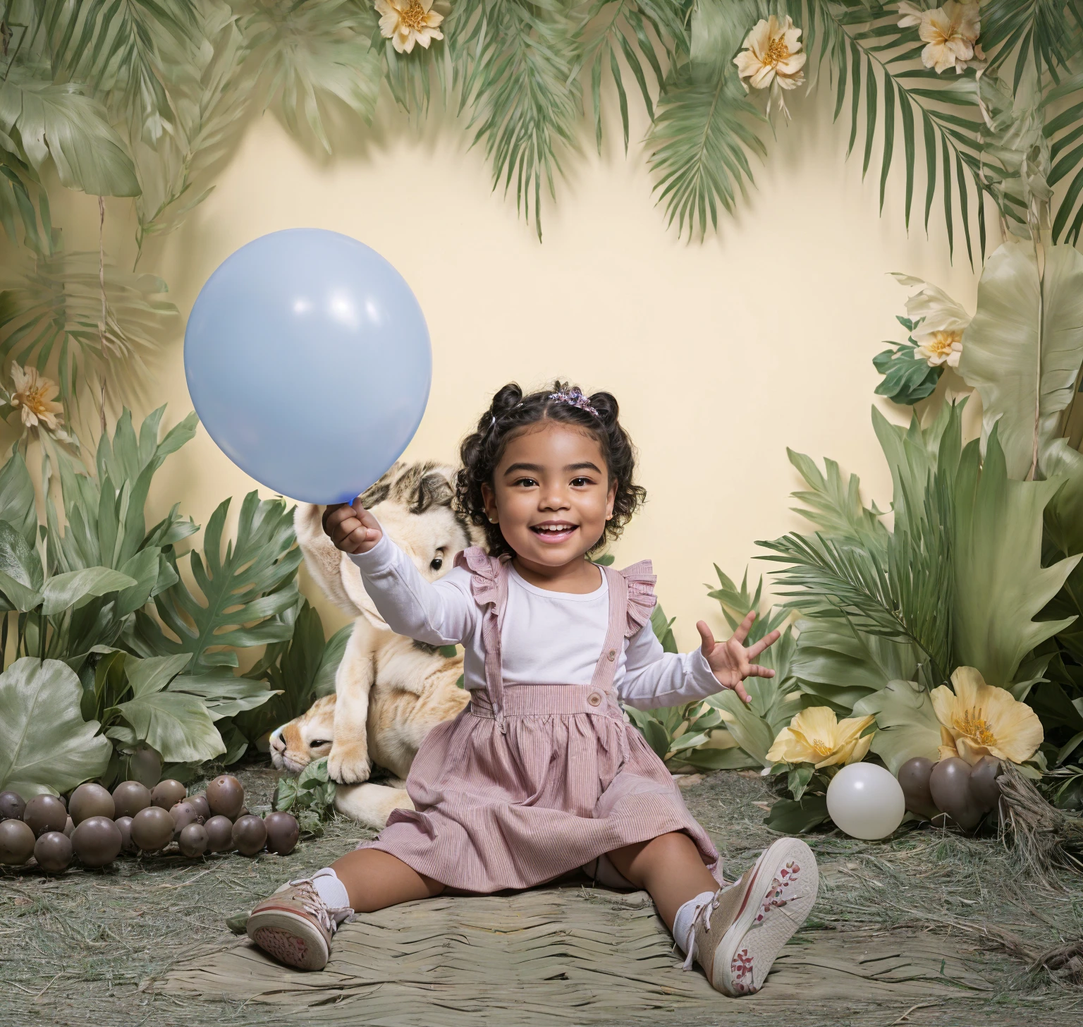 there is a girl holding a balloon in her hand, in a jungle environment, portrait de alta calidad photoshoot, foto de portrait de un telón de fondo, foto portrait, portrait, portrait de alta calidad, toy commercial photo, foto de portrait, detailed portrait, young and cute, portrait en plano medio, portrait de estudio en color, colored background, portrait medio, look