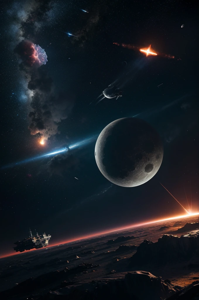 a space battle between starships with a giant artificial moon and a nebula looming in the background, masterpiece, best, photo realistic space battle, explosions, ship wreckage