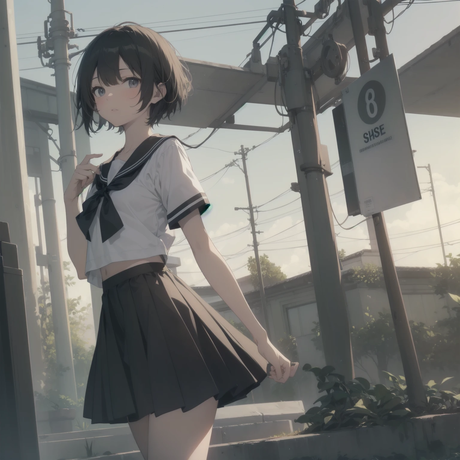 ultra-absurdres-Top quality by artist God, ultra-detailed, high resolution, anime moe artstyle, best anime 8k konachan wallpaper, pixiv contest winner, pool:2810, perfect anatomy,break, 1girl, (Please draw a girl walking sleepily to school alone. )break,(Solo,little female, 13-year-old:1.3),Full limbs, complete fingers,a junior high school student, (very short hair), short cut, flat chest, , small butt, small black eyes, beautiful detailed eyes, well-proportioned iris and pupils, expressive eyes, highres detailed hair, soft expression, salor school_uniform, sailor collar, serahuku, bow, pleated skirt,(Detailed Lighting), (Detailed background), in the School commute route. break,super detailed skin, Best cinematic lighting powered by famous artist, 8k,beauty illustration,photoshop_(medium),very aesthetic,break,((artist:konoshige_(ryuun) )), artist:clamp ,artist:carnelian ,artist:kantoku ,