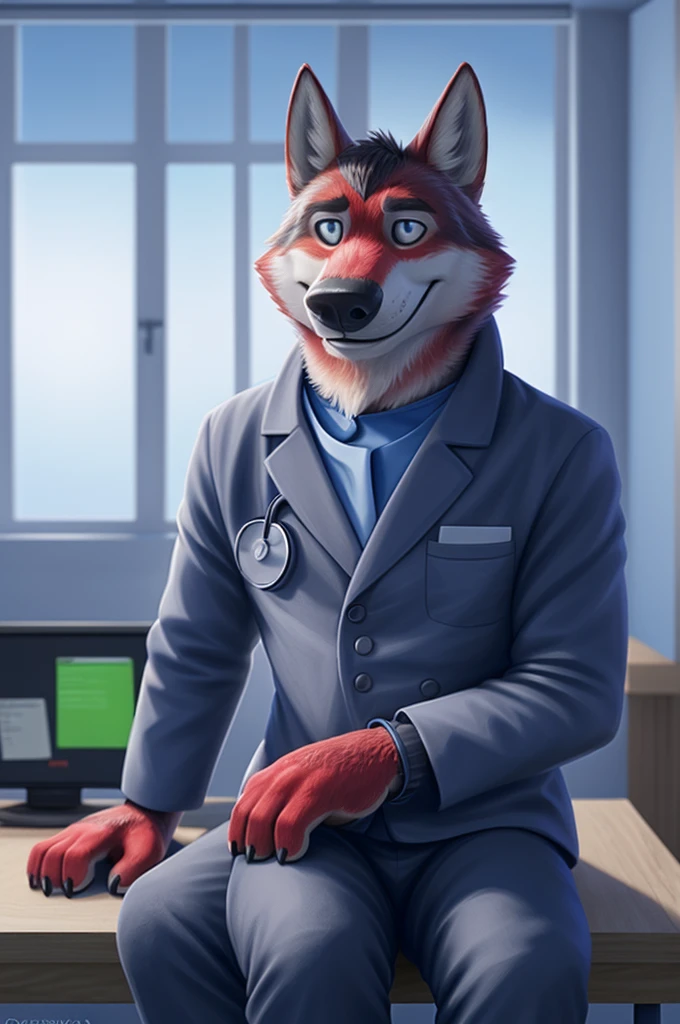 Ivan Fedorovich Wolfbach (Novosibirsk) ,tall handsome, wolf,young, 24 years, brown fur,Kind,(red body:1.3),beautiful blue eyes,Novosibirsk,dressed,medical gray suit,pants, cardiologist, canine, wolf, detailed fur, male, second, paw pads, finger claws,At the viewer, 5 fingers, paws, 5 fingers, smile, wrist watch, т nextel,by xenoforge, (difficult, high detail, digital photography, soft focus, RAW,is sitting кабинете врача окулиста, ,Very close to the camera, variety,Novosibirsk, smile, good mood, positive, Very close to the camera, medical suit, the cabinet hands out a stethoscope,
Photorealism, realistic, photorealistic, digital style, Subsurface scattering,I look at the viewer,is sitting, office oculist doctor oculist,
masterpiece, Best quality, ultra realistic, 8 thousand.)