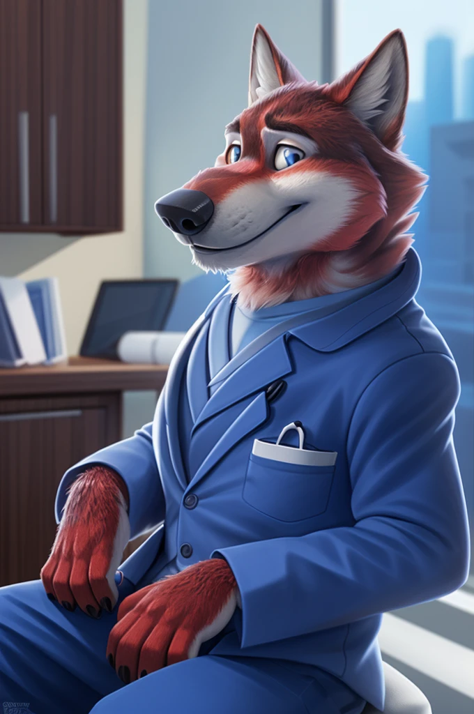 Ivan Fedorovich Wolfbach (Novosibirsk) ,tall handsome, wolf,young, 24 years, brown fur,Kind,(red body:1.3),beautiful blue eyes,Novosibirsk,dressed,medical gray suit,pants, cardiologist, canine, wolf, detailed fur, male, second, paw pads, finger claws,At the viewer, 5 fingers, paws, 5 fingers, smile, wrist watch, т nextel,by xenoforge, (difficult, high detail, digital photography, soft focus, RAW,is sitting кабинете врача окулиста, ,Very close to the camera, variety,Novosibirsk, smile, good mood, positive, Very close to the camera, medical suit, the cabinet hands out a stethoscope, 
Photorealism, realistic, photorealistic, digital style, Subsurface scattering,I look at the viewer,is sitting, office oculist doctor oculist, 
masterpiece, Best quality, ultra realistic, 8 thousand.)