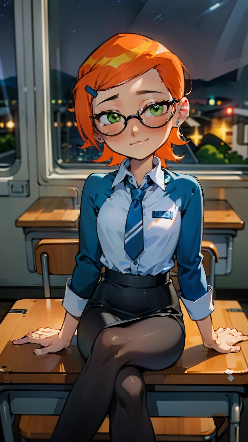 (Masterpiece), Best Quality, ultra-detailed, 1girl (Gwendolyn_Tennyson, Slender and sexy body, lovely small breasts, orange hair, long wave hair, green eyes, half-closed eyes, spectacles), a come-hither face, smirk , parted lips, nose blush, blush, facing viewer, looking at viewer, solo, business suits, dark blue jacket, white y-shirts(buttons), necktie, tight skirt,dark blue skirt, black pantyhose, in the classroom, night time, , sitting, sitting on desk, crossed legs, come-on, lure,, Sexy waist teasing, ,