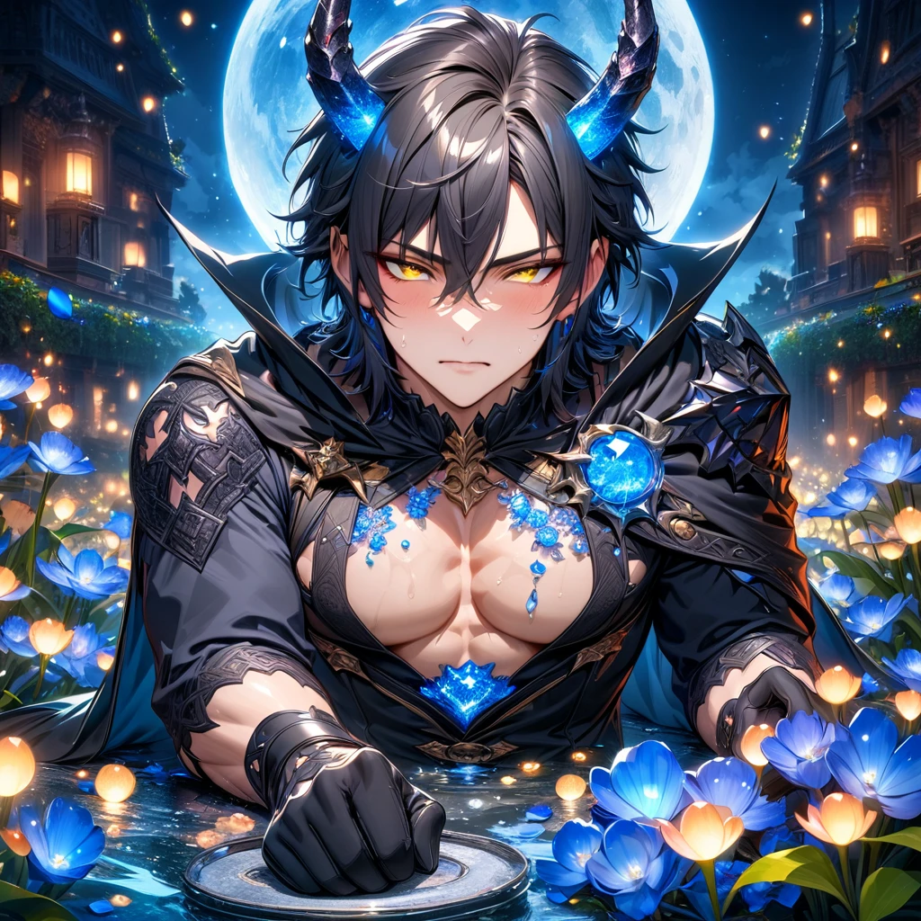 absurdres, highres, ultra detailed, HDR, master piece, Yuden, spiked black hair with bangs, hair between the eyes, expressive yellow eyes, black vest, Demon Fantasy, sexy man, handsome, best quality, blue moon, flowers, fantasy, magical, solo, black coat, water, blue shining fireflies, black cape, black gloves, black tight shirt, blue petals, demon black horns, toned chest