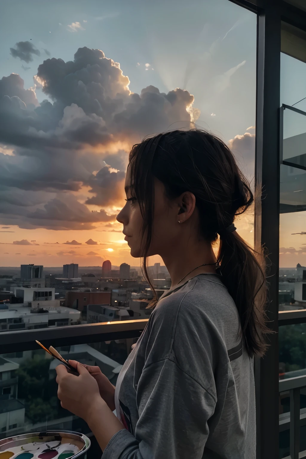 Make a picture of a sunset, gray, where there is a person who paints it in color