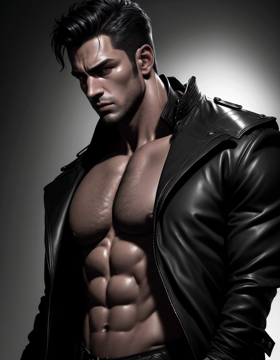 a handsome man with a big chest in a black jacket, big pecs, extremely detailed facial features, sharp focus, highly detailed skin, shirtless, dramatic chiaroscuro lighting, realistic hyper-detailed portrait, photorealistic, cinematic lighting, high contrast, vivid colors, 8k, masterpiece