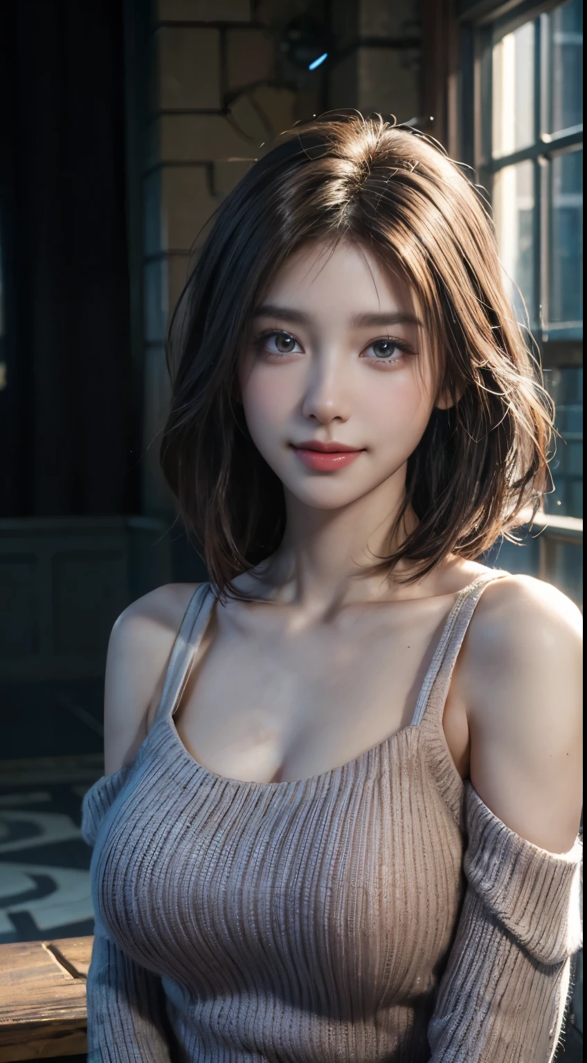 (logo, masterpiece, 8K, Tabletop, RAW Photos, wonderful, 最high quality, Photorealistic and very detailed CG composite 8k wallpaper, high quality, Very detailed, Narrative poem, Particle Effects, Dynamic Effects, Depth of the Boundary, Cinematic Light, Lens flare, Ray Tracing), short hair beautiful young woman, Hair tied back, high detail skin, very fine, fine skin texture, beautiful face, realistic eyes, beautifully detailed eyes, realistic skin, beautiful skin, surreal, smiling eyes, Hair and light eyes, Vibrant, Colorful lights and bokeh. The lighting casts a warm glow on her face and hair, Blue glow, Water surface reflection, Creates a dreamy and magical atmosphere, Big Breasts, Brown Hair, short hair, plump lower lip, pink blush on the cheeks , pink lips, brown tight no-shoulder knit sweater