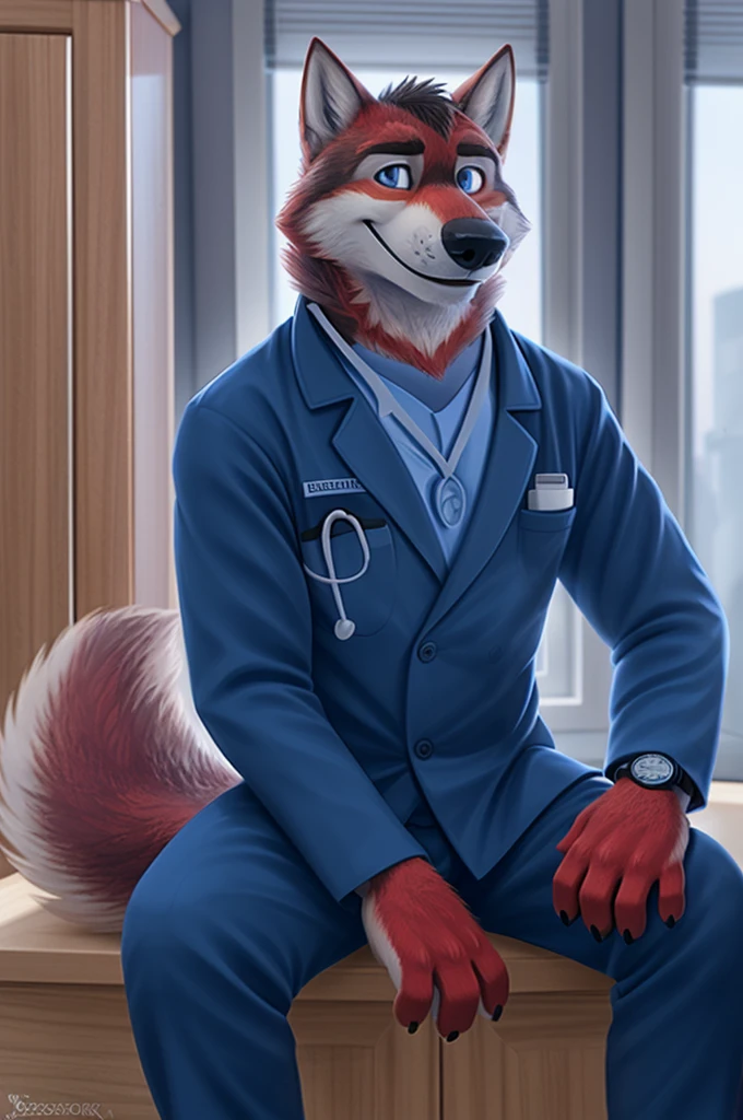Ivan Fedorovich Wolfbach (Novosibirsk) ,tall handsome, wolf,young, 24 years, brown fur,Kind,(red body:1.3),beautiful blue eyes,Novosibirsk,dressed,medical gray suit,pants, cardiologist, canine, wolf, detailed fur, male, second, paw pads, finger claws,At the viewer, 5 fingers, paws, 5 fingers, smile, wrist watch, т nextel,by xenoforge, (difficult, high detail, digital photography, soft focus, RAW,is sitting кабинете врача окулиста, ,Very close to the camera, variety,Novosibirsk, smile, good mood, positive, Very close to the camera, medical suit, the cabinet hands out a stethoscope, 
Photorealism, realistic, photorealistic, digital style, Subsurface scattering,I look at the viewer,is sitting, office oculist doctor oculist, 
masterpiece, Best quality, ultra realistic, 8 thousand.)