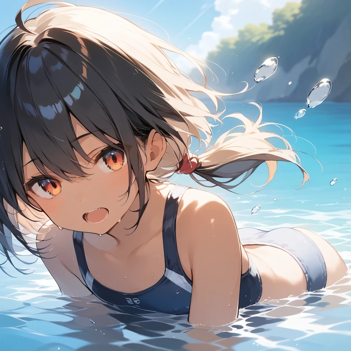 score_9, score_8_up, score_7_up, source_anime, best quality, masterpiece, official art, absurdres, highres, ultra-detailed,waifu2x,Collection: Slice of Life,break,1girl, tomboy, dark-skinned female, short hair, low ponytail, flat chest, beautiful detailed eyes, swimsuit, sweat, open mouth, (yawn:0.3), sleepily, swimming, outdoors, wind, break,(clear line illustration:1.2),very high resolution, very aesthetic, super detailed skin, Best sexual lighting powered by famous artist, 8k,cute picture,beauty illustration,photoshop_(medium),,(Detailed Lighting),best anime 8k konachan wallpaper, pixiv contest winner,