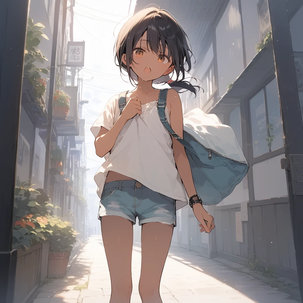 score_9, score_8_up, score_7_up, source_anime, best quality, masterpiece, official art, absurdres, highres, ultra-detailed,waifu2x,Collection: Slice of Life,break,1girl, tomboy, dark-skinned female, short hair, low ponytail, flat chest, beautiful detailed eyes, short shorts, sweat, open mouth, (yawn:0.3), sleepily, outdoors, wind, break,(clear line illustration:1.2),very high resolution, very aesthetic, super detailed skin, Best sexual lighting powered by famous artist, 8k,cute picture,beauty illustration,photoshop_(medium),,(Detailed Lighting),best anime 8k konachan wallpaper, pixiv contest winner,