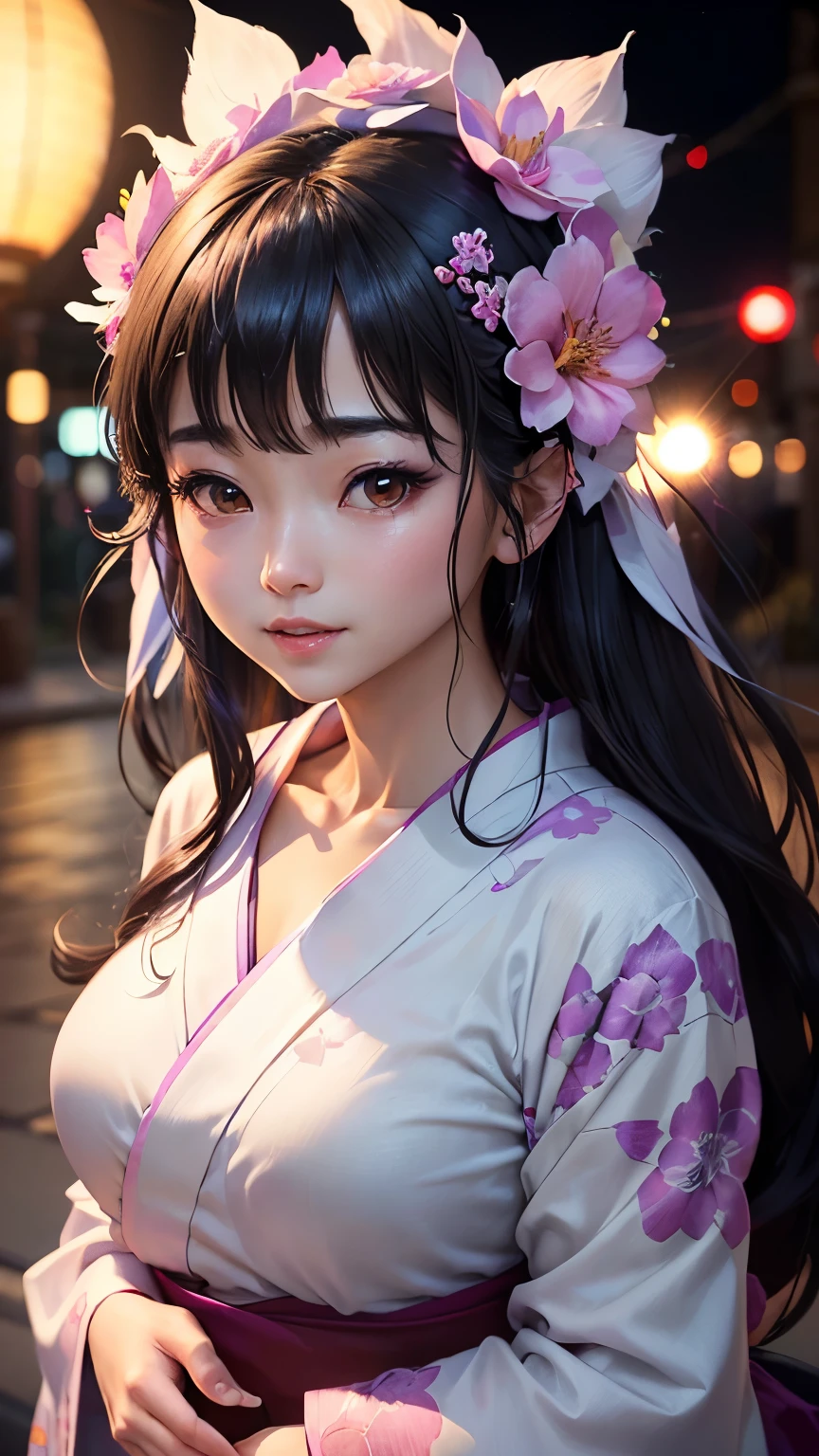 (logo、masterpiece、8K、Tabletop、RAW Photos、wonderful、最high quality、フォトリアリスティックでVery detailedな CG 複合 8K 壁紙、high quality、Very detailed、Narrative poem、Particle Effects、Dynamic Effects、Depth of the Boundary、Cinematic Light、Lens flare、Ray Tracing)、 (One beautiful woman wearing a yukata、White yukata、Light purple pattern)、Black-haired、High definition skin、Very fine、Fine skin texture、Beautiful Face、True Face、Beautiful details in the eyes、Realistic eyes、Beautifully detailed eyes、Realistic Skin、Beautiful Skin、Surreal、Smiling Eyes、Hair and light eyes、vivid、Colorful lights and bokeh、plump lower lip、Pink Lips、Hair flutters in Wind、Hair bounces、wonderful景色、night、evening、Wind、moonlight、moonlight、light