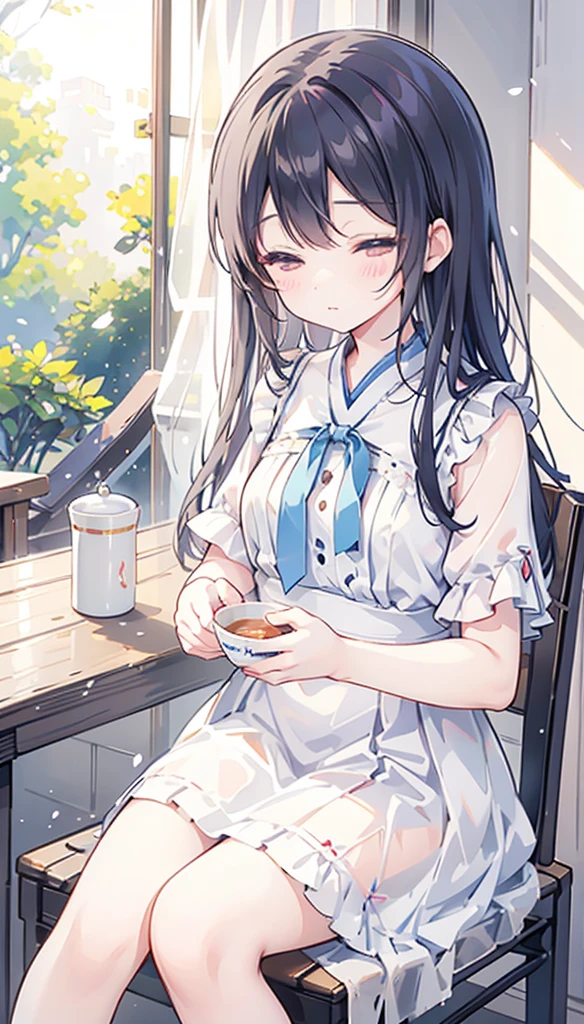 Arisu slowly stepped out onto the terrace.、There was a delicious breakfast prepared for her.。On the table covered with a white cloth、Fresh berries and fresh bread、and芳醇な香りの紅茶が並んでいます。She sat down gently in a chair、I picked up a beautiful cup。 Tea steam rising、The scent tickles her nose.。Arisu closed her eyes.、moment、I took a deep breath, feeling enveloped in the scent.。and、Quietly bring the cup to your mouth、I'll have a sip of tea。In its graceful movements、Her good upbringing and dignity were naturally evident.。((nsfw))(((()))(((infant)))((Lolita))(na)((Showing nipples under shirt))((A look at the sheer see-through mini dress))