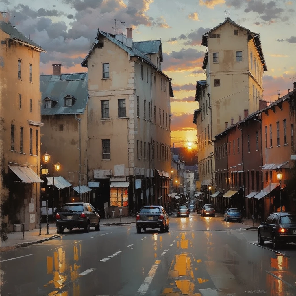 Cityscape Print , stree and old Colonial building, road lamp, cars, sunset, vicheals. Oil Painting