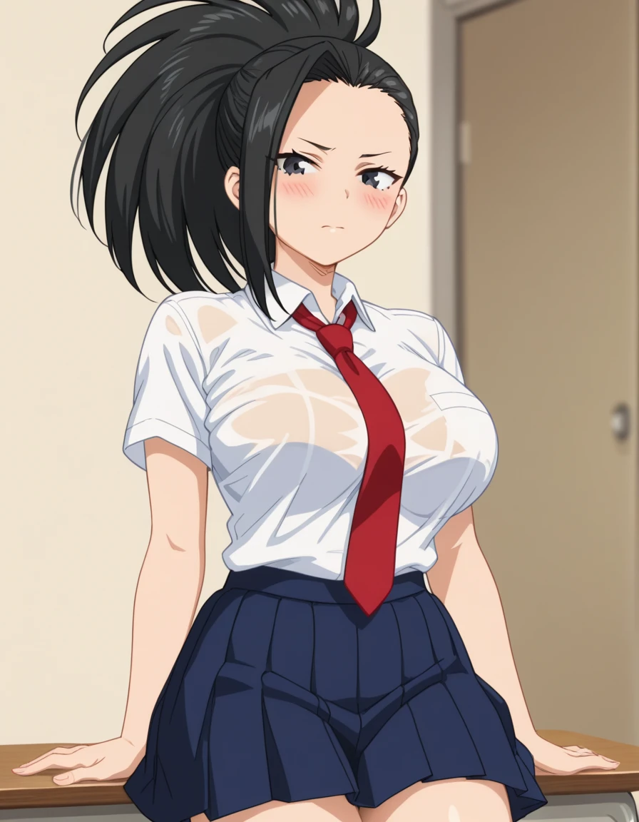 score_6_up, best quality, anime screencap, 1girl, solo, momo, long hair, bangs, black hair, ponytail, black eyes, high ponytail, wide ponytail, big breasts, blush, looking at viewer, , school, skirt, red tie